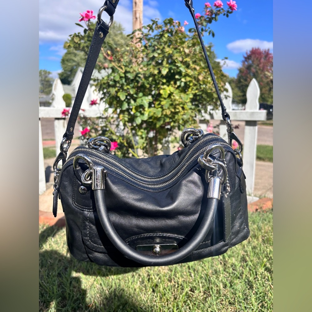 Coach Black Leather Satchel with Silver Accents